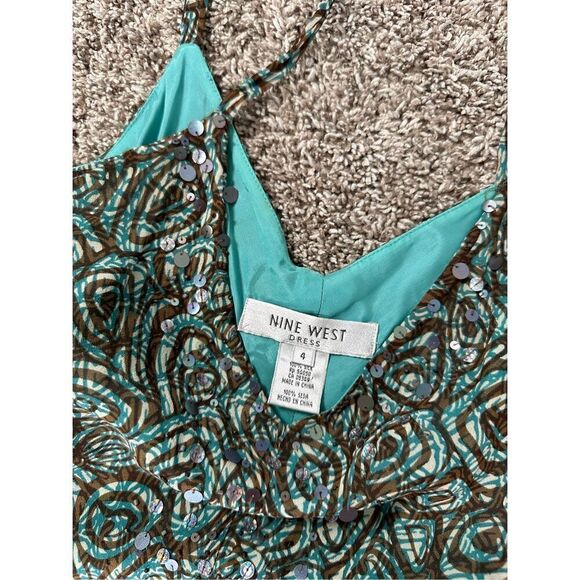Vintage Y2K Nine West Silk Slip Dress 4 Midi Sleeveless Teal Brown Sequin Fairy - Picture 4 of 9
